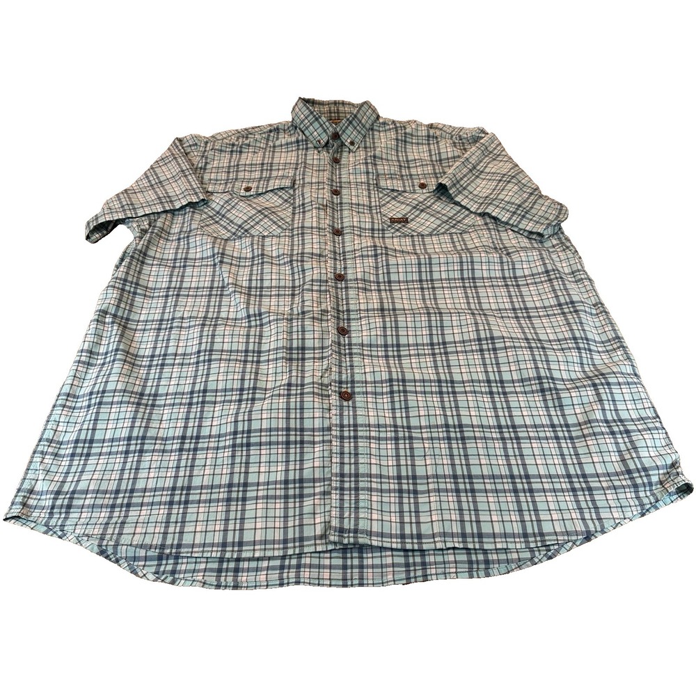 Ariat Rebar Shirt Mens Blue Plaid Short Sleeve Button Up Work‎ Western Size XL